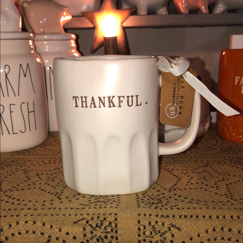 Rae Dunn THANKFUL Mug White with Brown Lettering